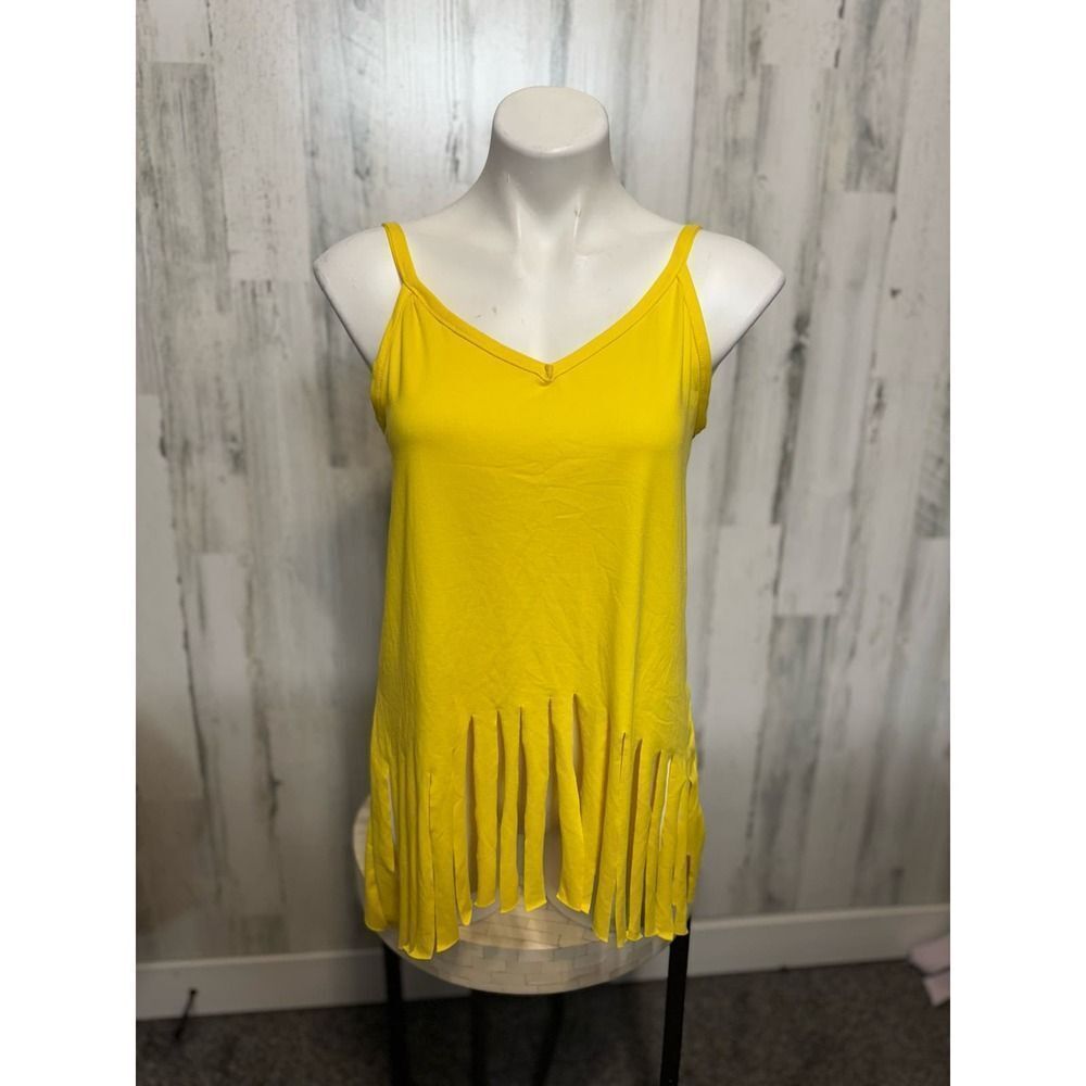 Love Yellow Fringe Hem Cami Tank Top Adjustable Straps Boho Festival Size L